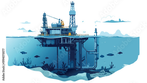 Offshore oil drilling platform with underwater subsea pipeline structure and marine life cross section flat design illustration