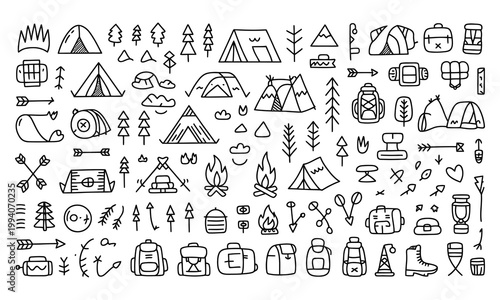 Lifestyle vector illustrations of people camping outdoors with tents and gear