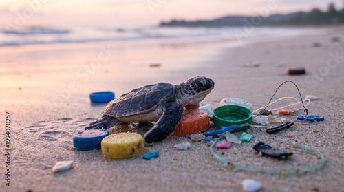 Obraz na płótnie Sea turtle surrounded by plastic waste on sandy beach at sunset