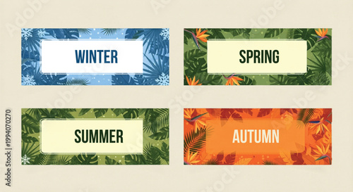 Tropical seasonal banner set with 4 floral labels, winter spring summer and autumn botanical headers, exotic foliage frames for web and print isolated PNG with Transparent Background