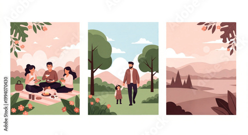 Flat vector illustration set of family picnic and outdoor activities, people relaxing in nature park, scenic landscape posters with soft pastel colors isolated PNG with Transparent Background