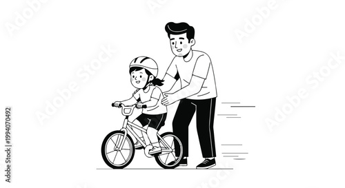 A caring father teaching his child to ride a bike on a sunny day, symbolizing fatherhood and family bonding