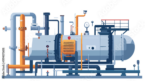 Industrial boiler system with pipes, pressure gauges, and valves equipment flat design vector illustration