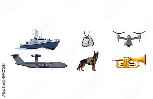 Collection of Military and Musical Vector Icons with Diverse Elements