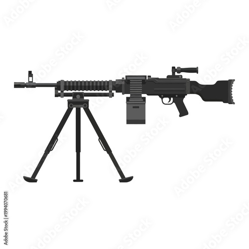 Detailed heavy machine gun vector illustration on bipod flat design weapon graphic
