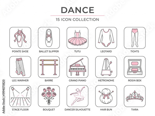 Professional collection of pink and charcoal line art icons illustrating ballet dance essentials and stage performance elements in a clean grid