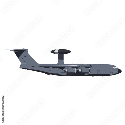 Large military surveillance aircraft with radar dome for aerial reconnaissance and early warning systems