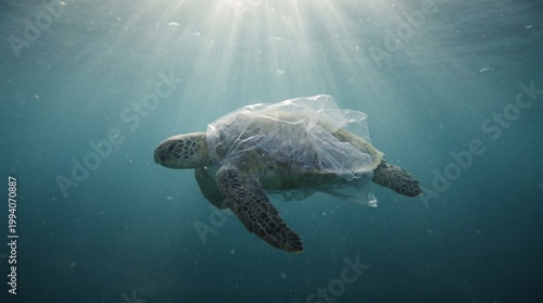 Canvastavla Sea turtle entangled in plastic under ocean sunlight