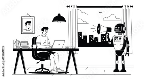 Young man working on laptop with robot holding megaphone nearby