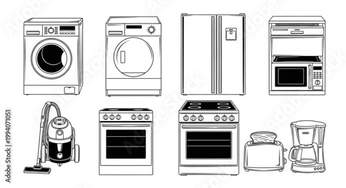 Collection of Household Appliances Drawn in Black and White.