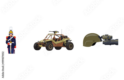 Military soldier, all-terrain vehicle, and helmet