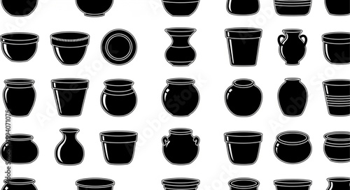 Collection of Black Ceramic Flower Pots on White Background.