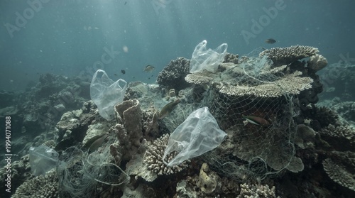 Schilderij op canvas Underwater coral reef polluted with plastic bags and debris