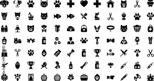 Black pet care and veterinary icon set featuring dogs cats paws clinic tools grooming equipment medical symbols and animal accessories in solid silhouette style