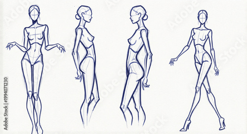 Fashion illustration croquis set, female model figure templates for apparel design, blue line sketch of woman body in runway poses, 4 vector silhouettes isolated PNG with Transparent Background