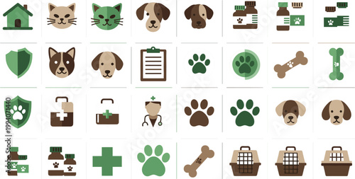 PrintFlat veterinary and pet care icon set featuring dogs, cats, clinic tools, medicine, paws, bones and animal health symbols in green and brown colors