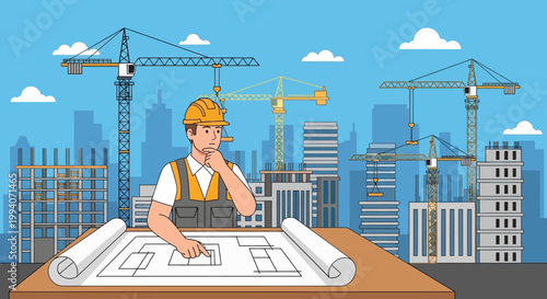Construction worker contemplating blueprint with cranes and city skyline background