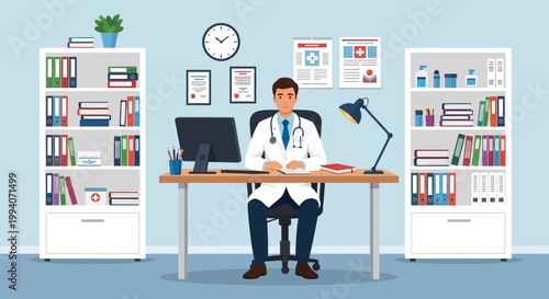 Illustration of a doctor sitting at a desk with computer and bookshelves in a medical office