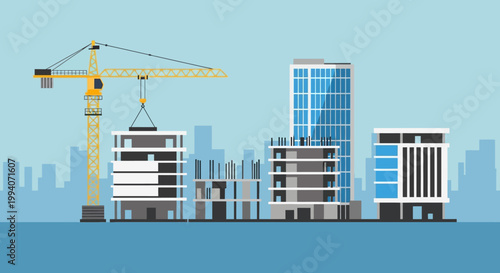 Modern City Construction Site with Crane and Buildings