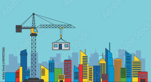Construction Crane Lifting Prefabricated House Module Over Modern City Skyline