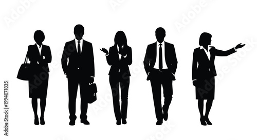 Business professionals in various poses depicted in black silhouettes against a white background, showcasing formal attire and confident body language.