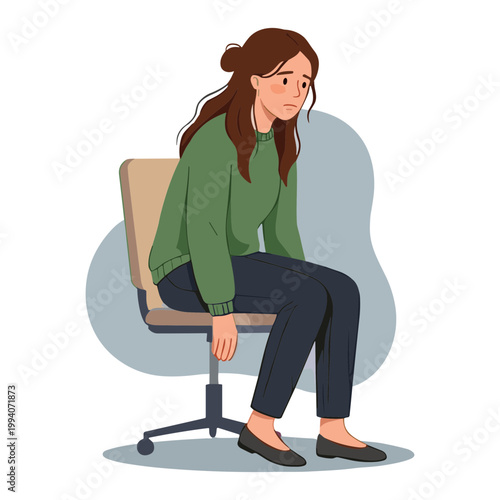 A woman sits on an office chair looking depressed and worried