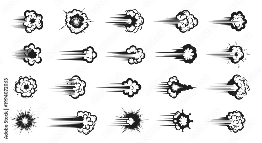 Naklejka premium Various black ink smoke and speed trails effects for comic and manga motion graphics and dynamic action scenes element set.