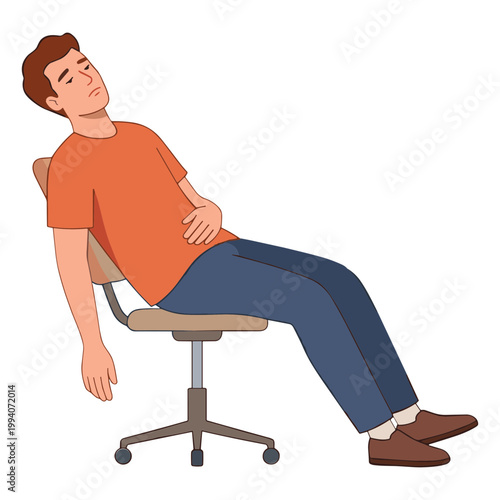A man reclines on an office chair looking unwell and holding his stomach.