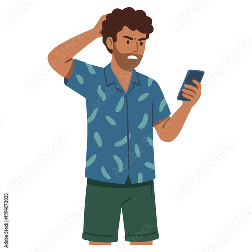 A frustrated man scratches his head while looking at his phone.