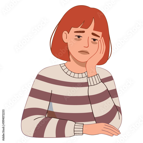A cartoon woman with red hair and a striped sweater looks unhappy.