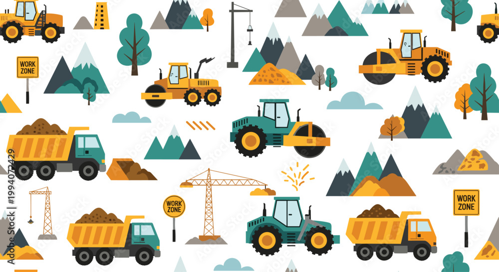 Fototapeta premium Seamless pattern for children featuring construction vehicles dump trucks and cranes operating in mountainous work zone landscape.