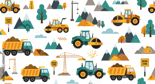 Seamless pattern for children featuring construction vehicles dump trucks and cranes operating in mountainous work zone landscape.