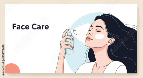 Beautiful woman applying facial spray for skin hydration and refreshment during her daily face care beauty routine at home.