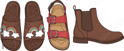 Stylish footwear collection illustration featuring casual sandals rainbow slip ons buckle sandals and classic leather ankle boots in trendy fashion design
