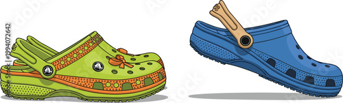 Colorful clogs footwear illustration featuring perforated slip on garden shoes with straps in casual comfort style isolated on white background
