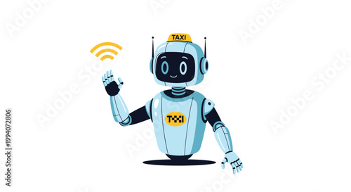 Futuristic robotic taxi assistant waving hand and showing wireless connection signal for autonomous transportation concept.