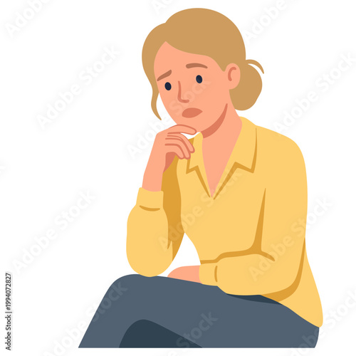 A woman sits thoughtfully in contemplation indoors with a puzzled expression on her face.