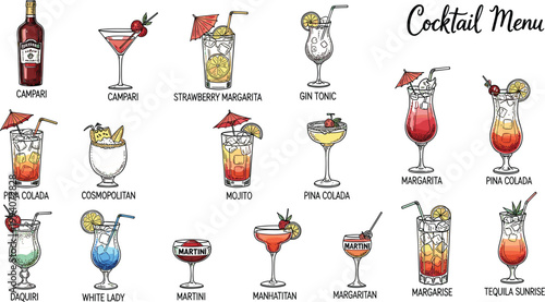 Hand drawn cocktail menu illustration featuring margarita mojito martini cosmopolitan pina colada daiquiri and classic alcoholic drinks with colorful garnish