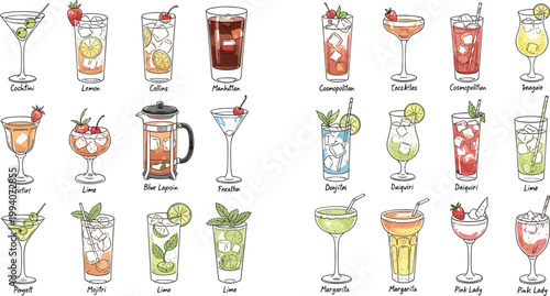 Hand drawn cocktail collection featuring martini mojito margarita daiquiri cosmopolitan tequila and refreshing mixed drinks with fruit garnish in sketch style