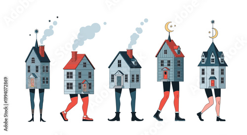 Surreal and creative illustrations of traditional houses walking on human legs representing mobility and home relocation.