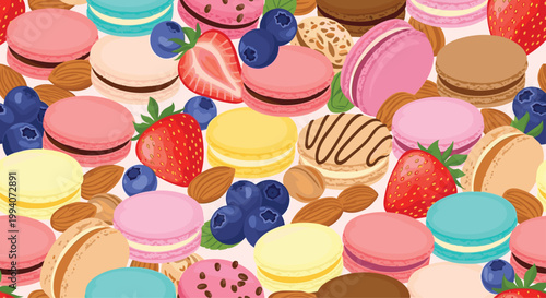 Delicious seamless pattern for pastry shop featuring colorful French macarons fresh berries and crunchy almonds on pink background.
