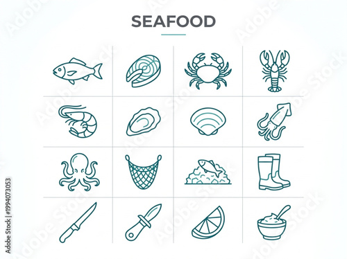 A professional set of teal blue line art icons representing various seafood varieties and fishing industry equipment organized in a square grid