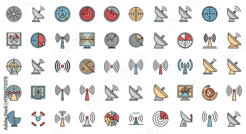 Extensive collection of radar satellite dish and antenna signal icons for telecommunication and navigation system design.