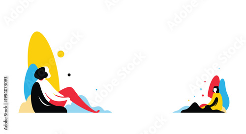 Abstract minimalist illustration of two people sitting in vast white space representing solitude introspection or social distance.