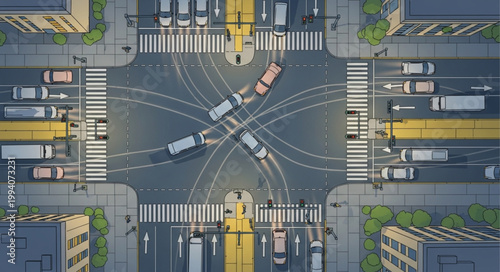 Aerial View of Busy City Intersection with Traffic Flow.