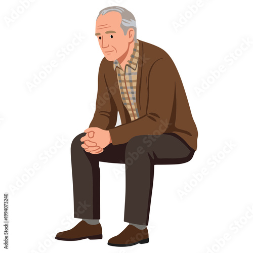 An elderly man sits on a surface wearing casual clothing and looking down.
