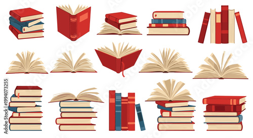 Diverse collection of hardcover books in various states including open stacks and single volumes on a white background.