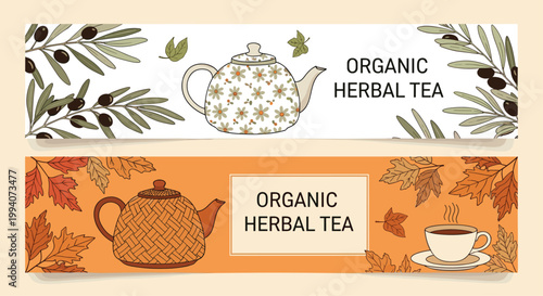 Horizontal banner templates for organic herbal tea featuring decorative teapots cups and autumn leaf illustrations.