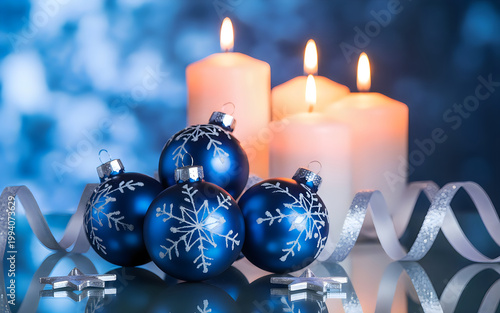 Festive blue Christmas ornaments and lit candles with bokeh background
