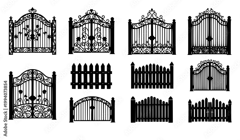 Obraz premium Minimal gate and fence icon set wooden garden barrier vector isolated on white background